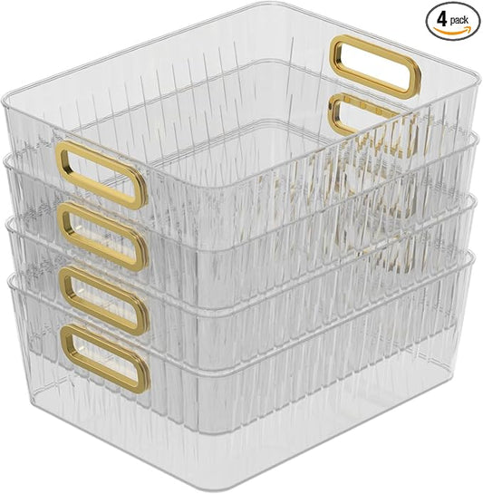 Vababa 4-Pack Clear Plastic Storage Bins, Clear Plastic Pantry Organizer Bins, Multi-use Organizer Bins