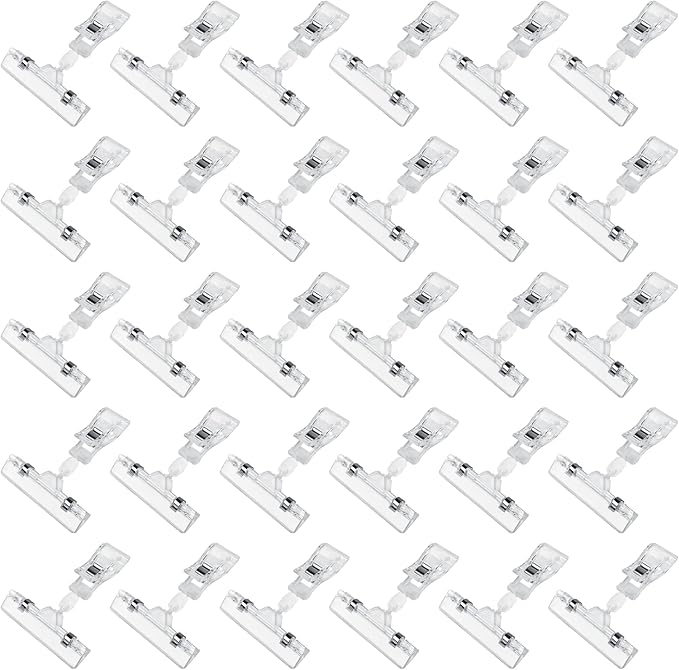 Clear Sign Clips Merchandise Display 30 Pack Plastic Label Pop Clips on Sign Holder Shelf Double Sided Swivel Price Tag Clips on Clothing Rack Signs Rotatable Menu Clips for Sale Retail Display