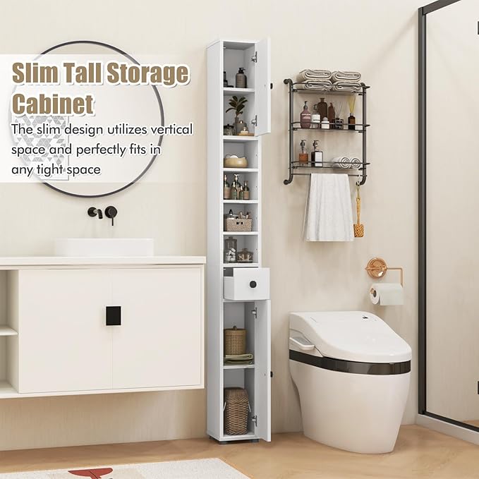 Giantex Slim Bathroom Storage Cabinet - 71” Tall Narrow Floor Cabinet Cupboard with 2 Doors, 5 Adjustable Shelves, 1 Drawer, Anti-Tipping Device, Thin Linen Tower Cabinet for Living Room (1, White)