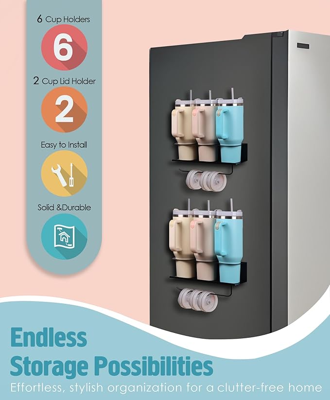 Magnetic Cup Holder for Stanley, Water Bottle Organizer for Kitchen Fridge Cabinet, Compatible with Stanley 30oz & 40oz Tumblers, Magnetic Cup Rack (Black, 6 Tumblers& 2 Lid Holder)