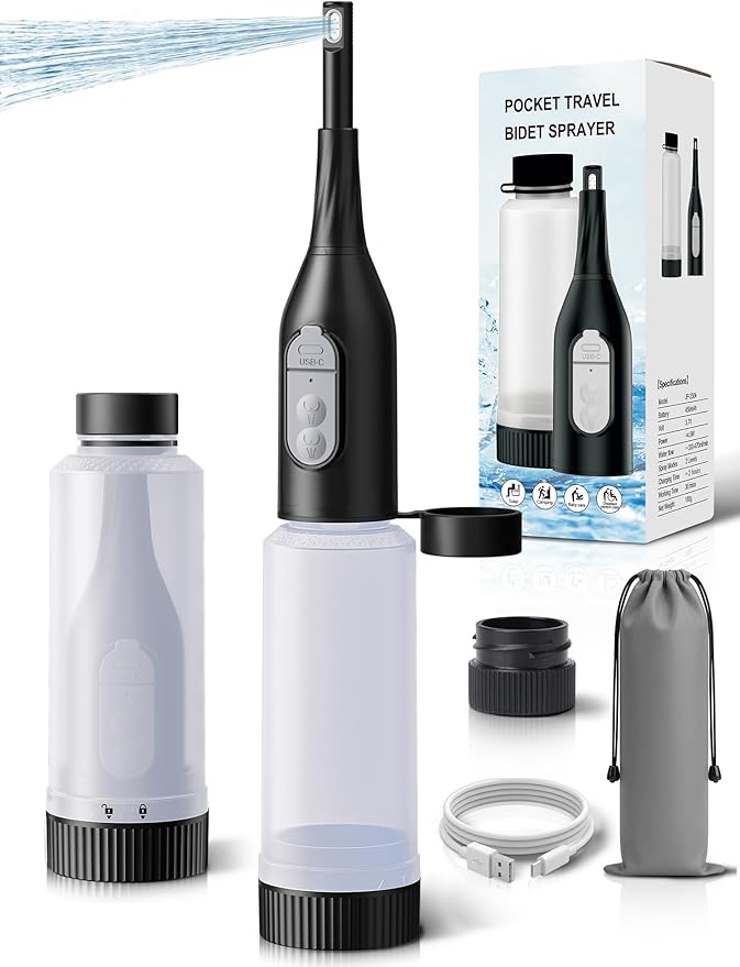 Portable Bidet for Travel – Electric Peri Bottle with Dual Spray Modes, 360° Nozzle, Water Bottle Adapter, USB Rechargeable, Waterproof, Travel Bidet for Postpartum & Personal Hygiene