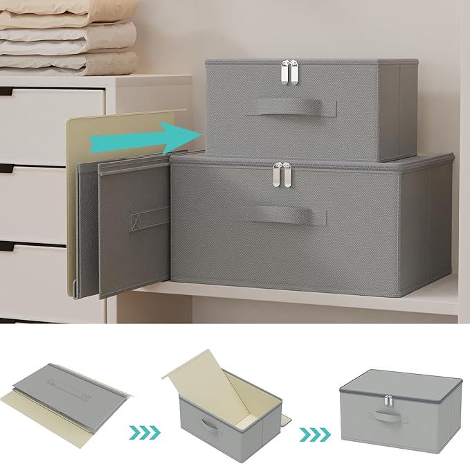 Storage Bins with Zipper, Cube Organizer Basket with Lid, Collapsible Stackable Closet Boxes, for Home and Bedroom, 1 Pack, Grey, 15.7 x 11.8 x 7.9 In, XSNY16GL-1