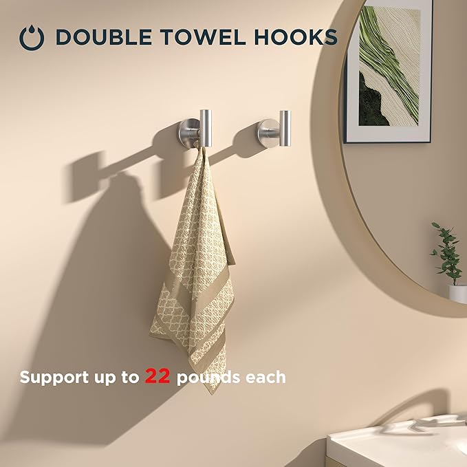 FORIOUS 4 Piece Bathroom Accessories, SUS304 Stainless Steel Toilet Paper Holder, Towel Ring and 2 Towel Hooks, Wall Mounted Bathroom Hardware Set (Brushed Nickel)