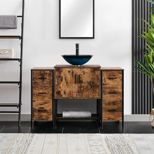 eclife 48" Bathroom Vanity Sink Combo Modern Metal Stand Cabinet W/Bottom Shelf & Storage Side Cabinets Turquoise Square Vessel Sink & Water Save Faucet & Pop Up Drain, Rustic Brown (A10)