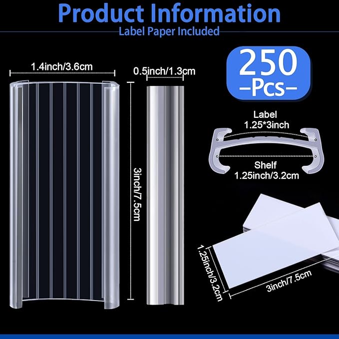 Yulejo 250 Pieces Wire Shelf Label Holders Wire Label Holder Plastic Shelf Tags for Shelving Metro Clips with Paper Inserts, Compatible with 1-1/4 Inch Shelves
