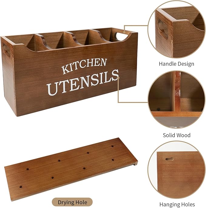 Kitchen Utensil Holder with Drainage Bottom, Extra Large 4 Compartments Solid Real Wood Utensil Organizer for Kitchen Counter, Farmhouse Cooking Tools Storage for Countertop, Brown