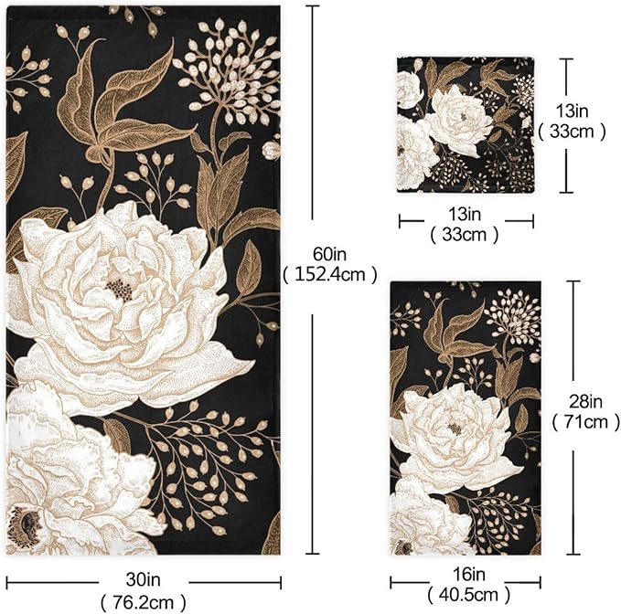 3 Piece Vintage Beige Peony Bath Towels Set,Microfiber Absorbent Gold Black Floral Leaves Rustic Towels for Bathroom,1 Bath Towel,1 Hand Towel,1 Washcloth,Decorative Guest Bathroom Towels