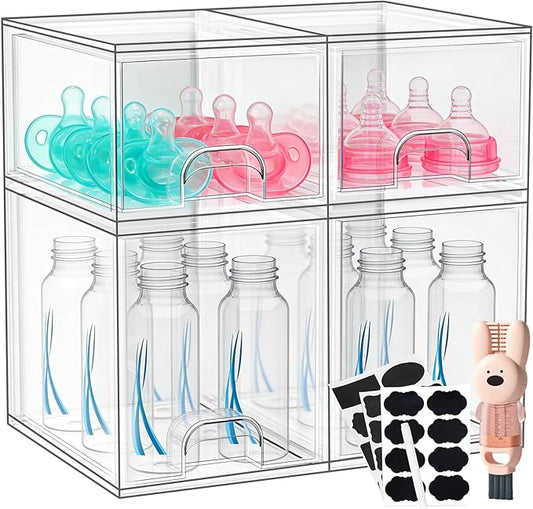 TOOGE Stackable Baby Bottle Organizer: Acrylic Bottle Organizer Baby Storage Drawers Clear Bottle Station Organization for Countertop Cabinet Vanity with 4 in 1 Cup Lid Cleaning Brush & Label - Tall