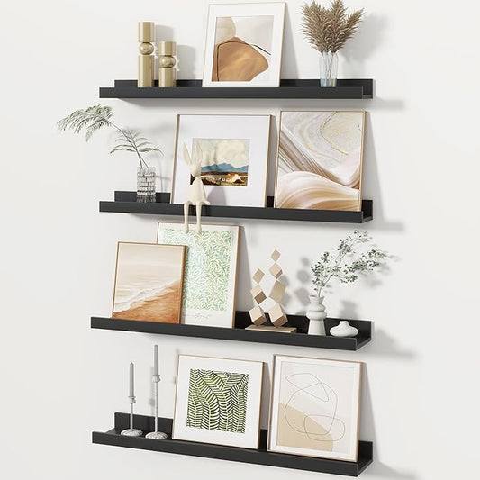 Fun Memories Picture Ledge Shelves Set of 4, 24 Inch Rustic Wall Mounted Floating Shelves with Lip for Home Storage and Décor in Bathroom, Kitchen, Nursery, Bedroom, Living Room, Black