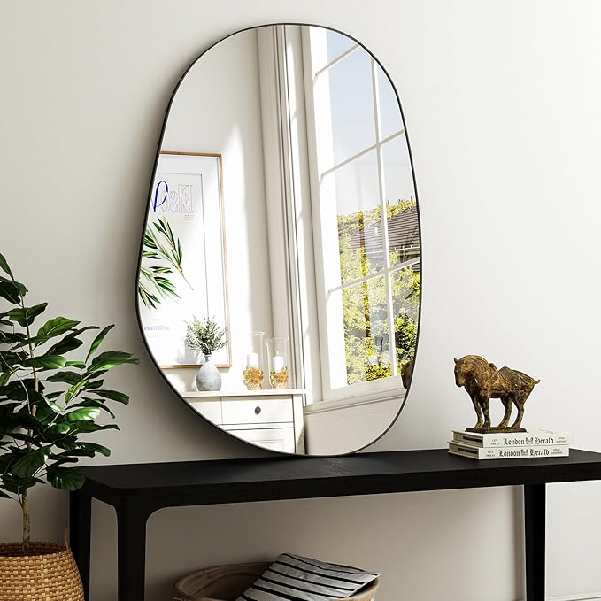 36"x24" Bathroom Mirror for Wall, Irregular Bathroom Mirrors for Over Sink, espejos decorativos de pared, Modern Metal Framed Vanity Mirror for Bedroom, Entryway, Bathroom, Living Room, Black