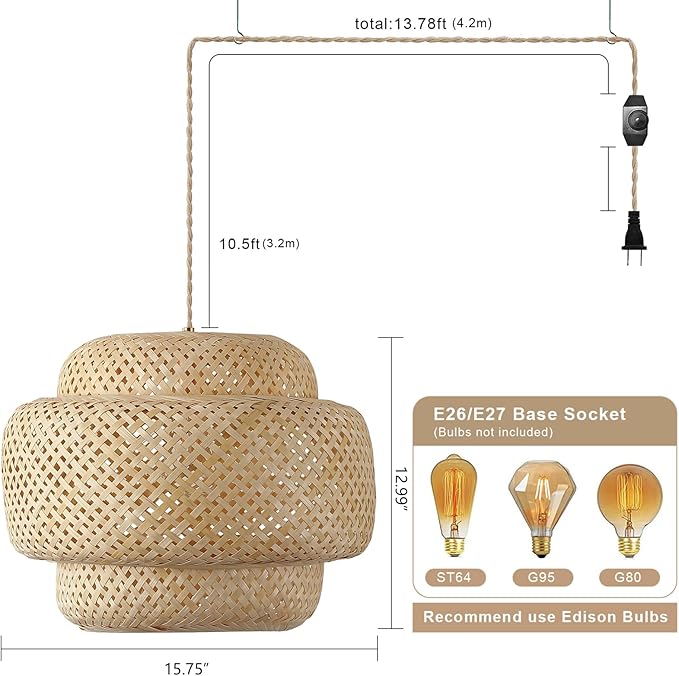 Bamboo Large Plug in Pendant Light with 14ft Handmade Woven Light Cord, Dimmable Switch, Boho Basket Handmade Woven Hanging Lamp for Kitchen Island Farmhouse Dining Room Living Room,16 inch Width