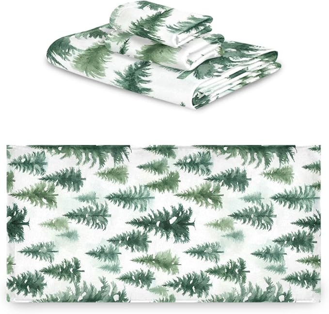 Christmas Winter Towels Set of 3 Woodland Rustic Forest Pine Trees Bathroom Towel Soft Absorbent Bath Hand Towels Washcloth Guest Towel Sets Xmas Holiday Decor