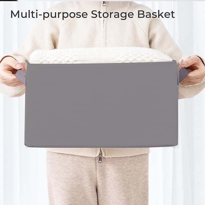 Storage Basket Bins with Metal Frame, Large Collapsible Fabric Storage Baskets for Organizing Shelf, Basket Organizer W/Handles for Towels, Laundry, Office, Home, 5-Pack, Grey