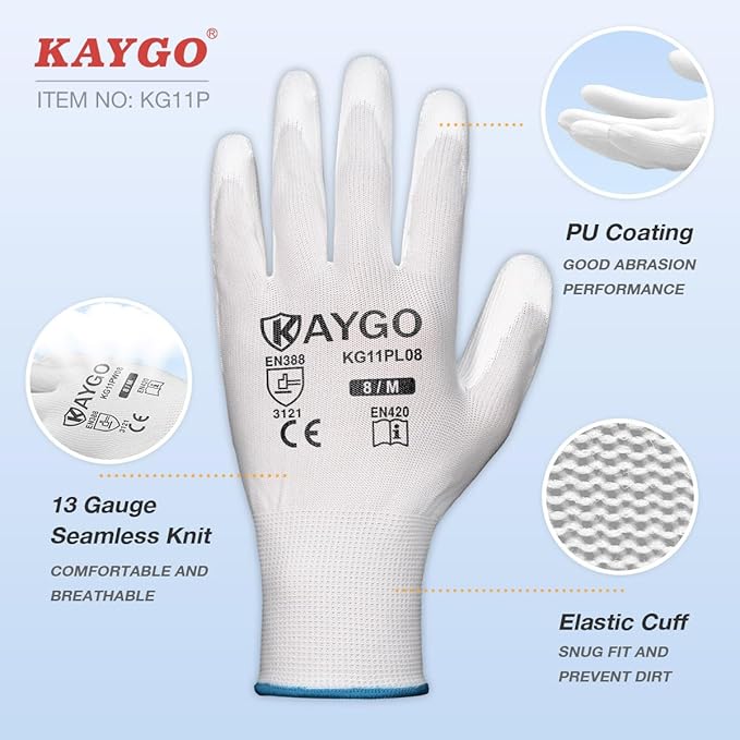 Work Gloves for Men and Women,12 Pairs Seamless Knit PU Coated Safety Gloves, with Smooth Grip on Palm and Fingers, Ideal for Light Warehouse, Manufacturing, Gardening, KG11P (S, White)
