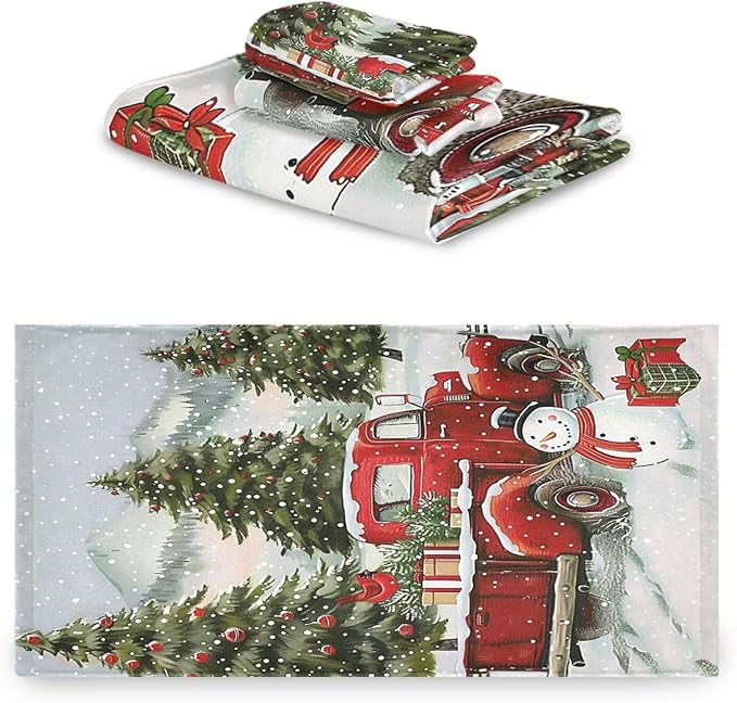 Snowman Red Truck Xmas Tree Towels Set of 3 Christmas Winter Bathroom Towel Soft Absorbent Bath Hand Towels Washcloth Guest Towel Sets Merry Christmas Xmas Bathroom Decor Gifts