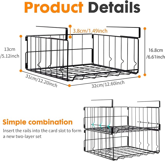 4-Pack Steel Under Cabinet Shelf Basket Organizer, Metal Wire Rack Hanging Storage Baskets Holds up to 22lbs for Kitchen, Office, Pantry, Bathroom, Cabinet (Black-4)