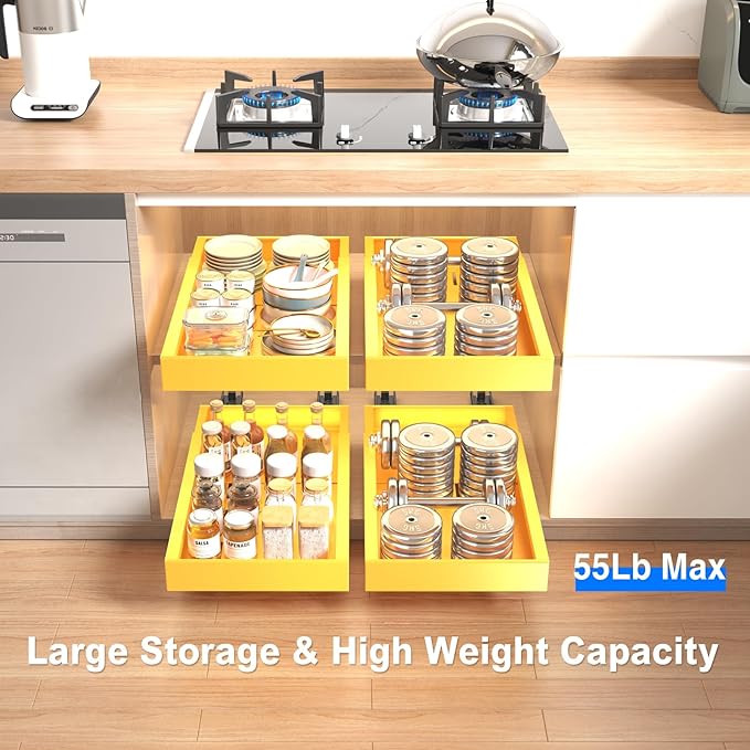 2 Pack Pull Out Cabinet Organizer,21.8" Deep Slide Out Drawer for Cabinets Adhesive Pull Out Drawers Heavy Duty Pull Out Shelves for Kitchen,Cupboard,Pantry,Bathroom-Yellow