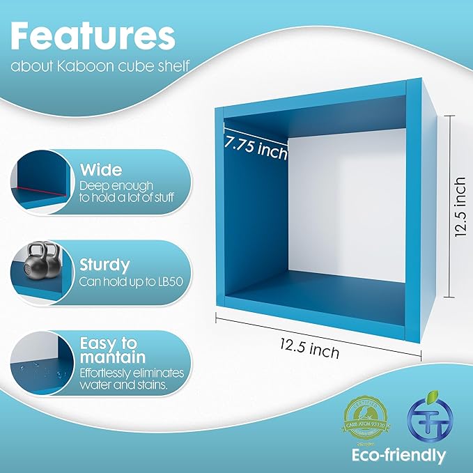 Kaboon Cube Floating Shelves Set2, Display Shelves Wall Mount 7.75" D x 12.5" W x 12.5" H, (Cyan, Square 2 Cubes)