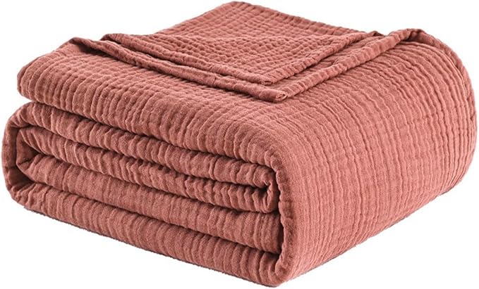 Muslin Blanket 100% Cotton Blanket Throw 50”x65”, Lightweight Breathable Summer Blanket Throw. Supersoft 4-Layer Gauze Throw Blanket for Sofa, Couch, Bed, All-Season Use, Copper Brown
