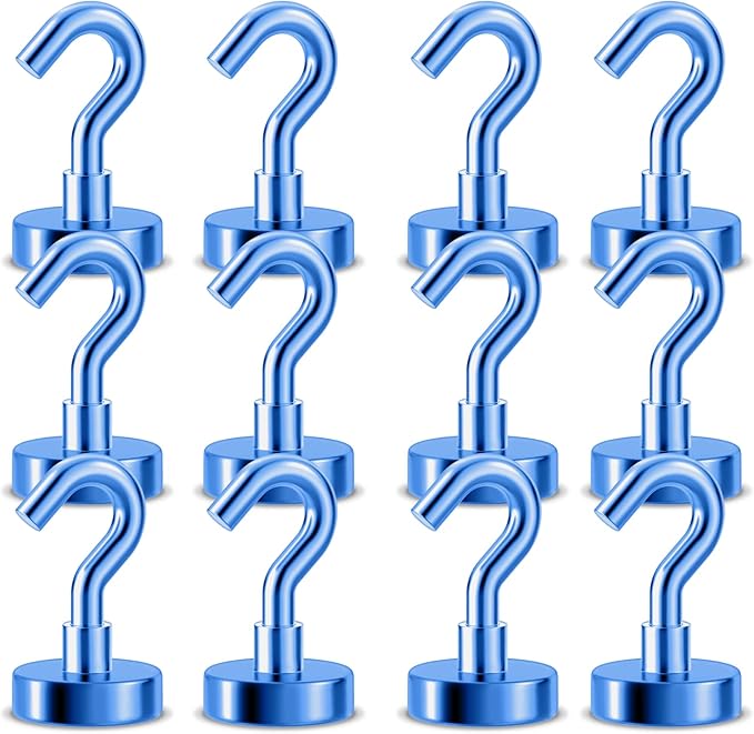 Magnetic Hooks for Cruise Ship Cabins, 80 lbs Blue Hooks for Classroom, Travel Accessories, Magnet with Hook for Grill, Fridge, 12 Pack