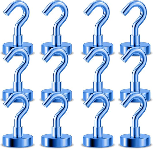 Magnetic Hooks for Cruise Ship Cabins, 80 lbs Blue Hooks for Classroom, Travel Accessories, Magnet with Hook for Grill, Fridge, 12 Pack