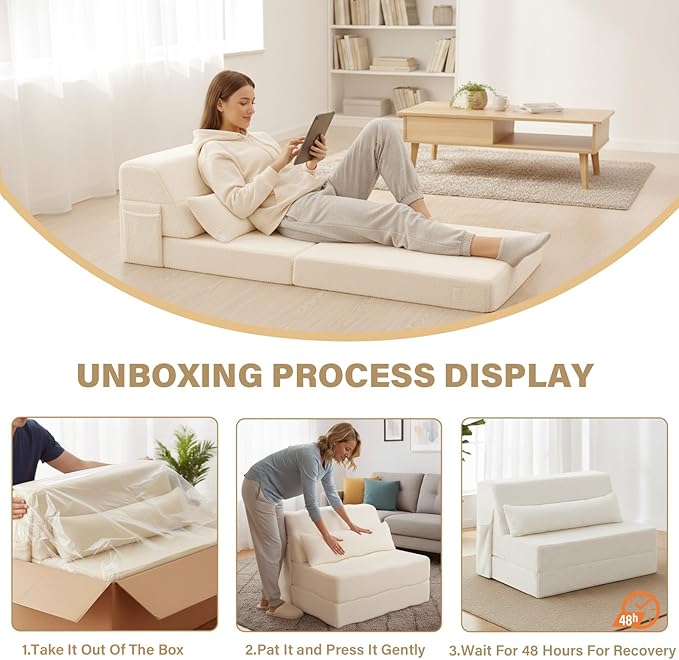 Tiita Convertible Folding Sofa Bed Single Size for Adults with Pillow, Plush Fabric Floor Mattress Couch Bed, Washable Cover & Side Pocket, Guest Room, Dorm, Apartment, Living Room, Beige
