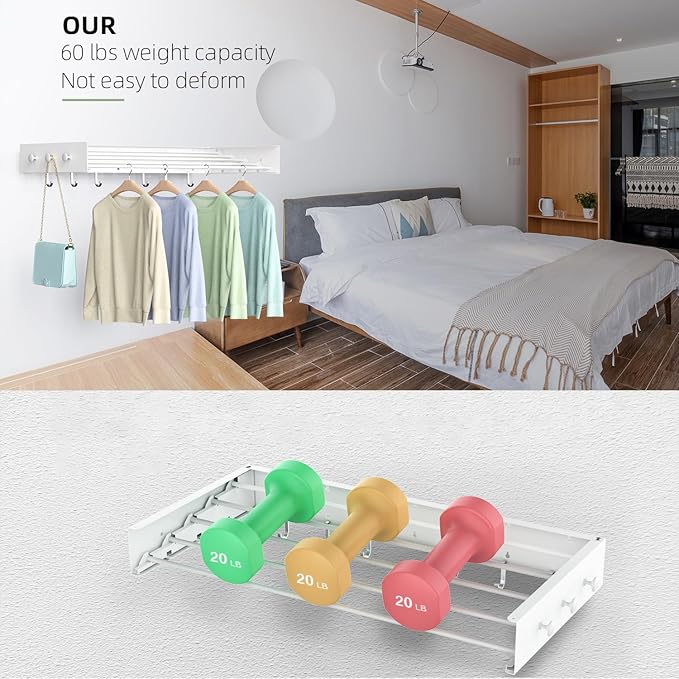 Drying Rack Clothing,Clothes Drying Rack Wall Mounted,Laundry Drying Rack Wall Mount,Foldable,Collapsible,60 lb Capacity 5 Aluminium Poles with 6 Hooks (White, 23.6'')