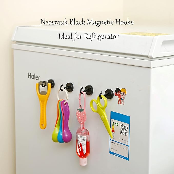 Neosmuk Magnetic Hooks, Heavy Duty Earth Magnets with Hook for Refrigerator, Extra Strong Cruise Hook for Hanging, Magnetic Hanger for Curtain, Grill(Matte Black,4 Pack)