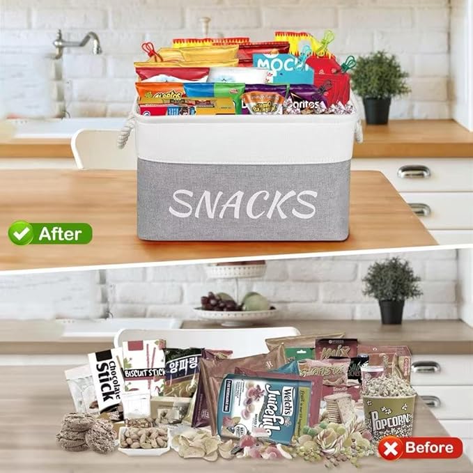 Snack Organizer for Pantry, Decorative Snack Basket with 10pcs Chip Clips, Snack Organizer for Desktop, Collapsible Shelf, Office, Kitchen and More (Grey, Medium-2 Pack)