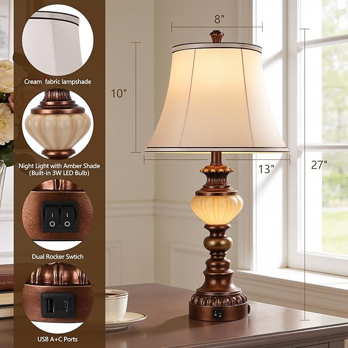 27'' Farmhouse Tall Table Lamps Set of 2 for Living Room, Traditional Vintage Bedside Table Lamps with Nightlight and USB Ports, Boho Nightstand Lamps for Bedroom End Table Home Decor(Bulbs Included)