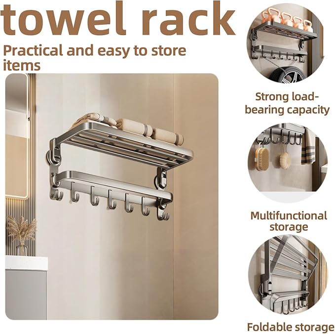 Aluminum Alloy Suction Cup Towel Rack, Bathroom Storage Shelf, No-Drill Mounting (Small)