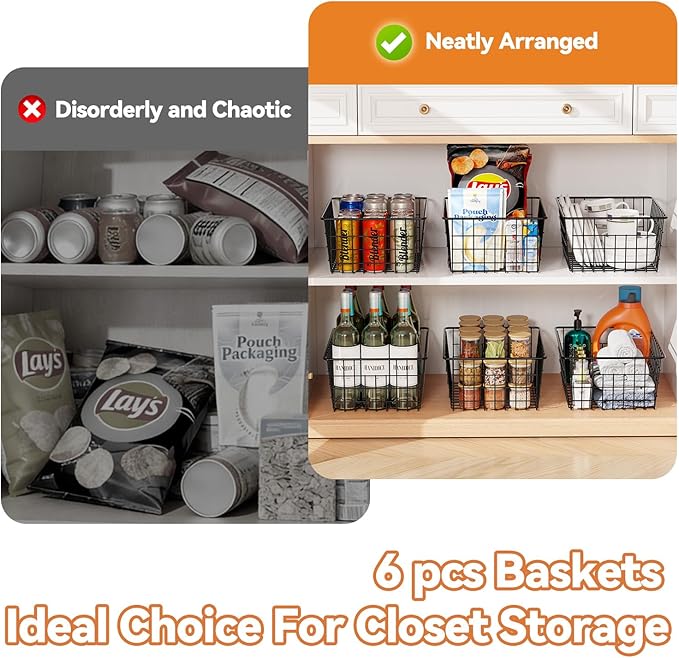 Extra Large Wire Baskets 6 Pack, Sturdy Metal Basket Storage Bin with Handle, Pantry Organization for Kitchen Cabinet, Black