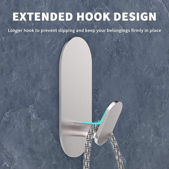 Adhesive Towel Hooks for Bathrooms 2 Pack Brushed Nickel Stainless Steel and Zinc Alloy Sticky Wall Hooks for Hanging Heavy Duty Self Adhesive Robe Shower Hanger for Kitchen, Closet, Cabinet, Door