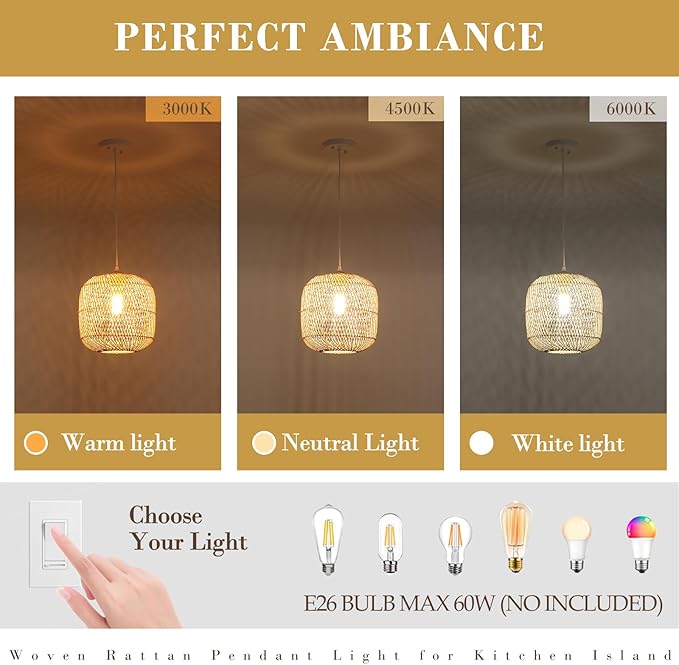 Hand-Woven Rattan Pendant Light, 11in Rattan Chandelier Boho Wicker Hanging Lighting Fixture Coastal Pendant Lights for Kitchen Island Dining Room Bedroom Foyer Entrance