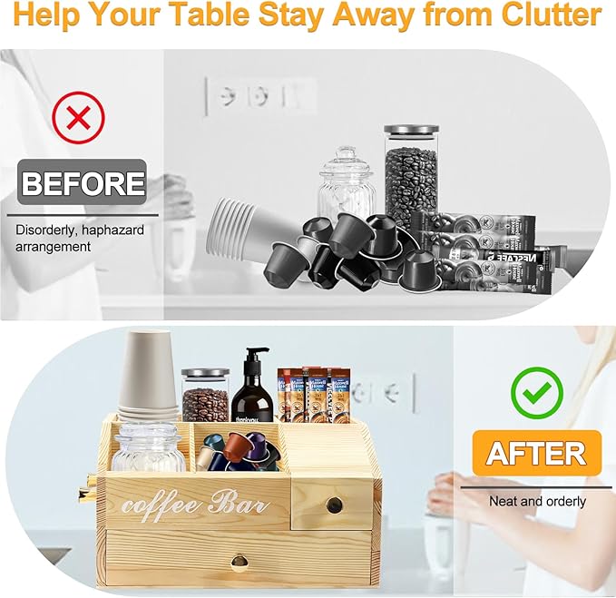 Coffee Station Organizer - Farmhouse Wood Kcup Holder for Counter, Countertop Snack Organizer with Hanging Handles, Suitable for Snacks, Coffee Capsules, Syrups and Various Accessories（Wood）