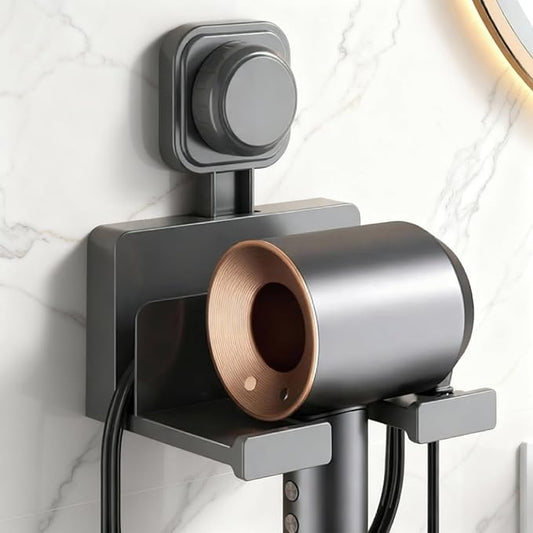 Suction Cup Hair Dryer Storage Organizer with Shelf & Hooks for Bathroom. Reusable, ABS Plastic, Rustproof, Wall Mounted. No Drill, No Glue, Nail Free (Gray, Standard)