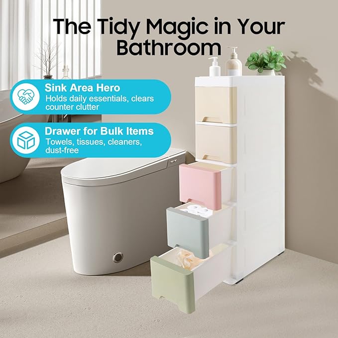 Narrow Plastic Drawers Cabinet, Multi-functional Plastic Tower Organizer with Wheels for Small Space Bathroom Bedroom Kitchen Offices Dormitory, 7 * 15 * 33in (Colorful B)