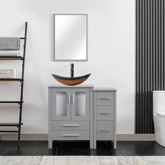 eclife 36" Modern Bathroom Vanity Sink Combo Freestanding Cabinet with Small Side Cabinet, Brown Boat Glass Vessel Sink, Water Save Faucet, Drain (Gray+A29BR)