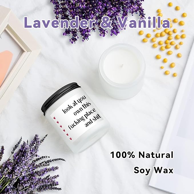 Haukea Funny House Warming Gifts New Home Housewarming Gifts New Home Gift Ideas for Women Men Couple First Apartment Essentials Homeowner Decor Closing Gift - Lavender Scented Candle 9 oz (Homes 3)
