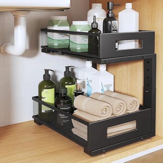 Under Sink Organizer, 2-Tier Dual Pull Out Cabinet Organizer Drawers With Smooth Circular Rail, Large Capacity Metal Mesh Sliding Shelves For Bathroom& Kitchen Storage,Height Adjustable–Black,1 Pack