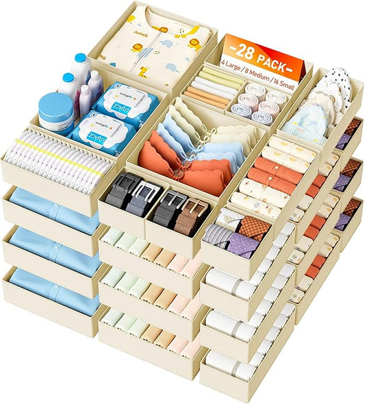 DIMJ Drawer Organizer Clothes Storage - 28 Pack Baby Dresser Organizer for Nursery, Foldable Closet Drawer Organizer Bins for Bedroom Organization, Fabric Storage Dividers for Socks, Underwears, Bras