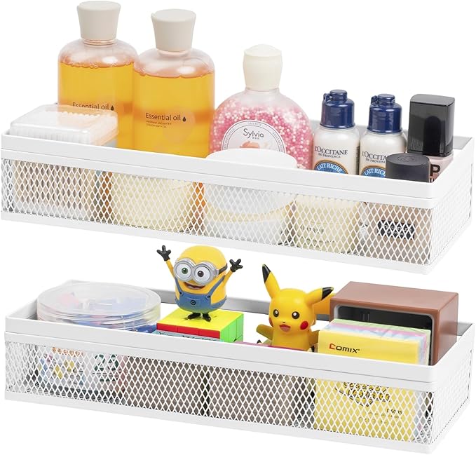 Wetheny Hanging Wall Mount Storage Baskets with Adhesive Hooks & Screwing, Metal Wire Organizer Baskets for Home Decor, Kitchen, Bathroom, Laundry, Closet, Garage, RV Black 2 Packs (White)