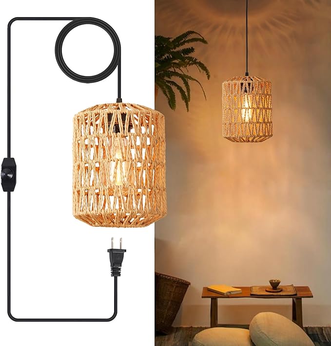 Plug in Pendant Light, Rattan Hanging Lights with Plug in Cord 15ft Dimmable Cord, Hand Woven Wicker Lampshade Hanging Lamp, Boho Plug in Hanging Ceiling Light Fixture for Farmhouse Bedroom