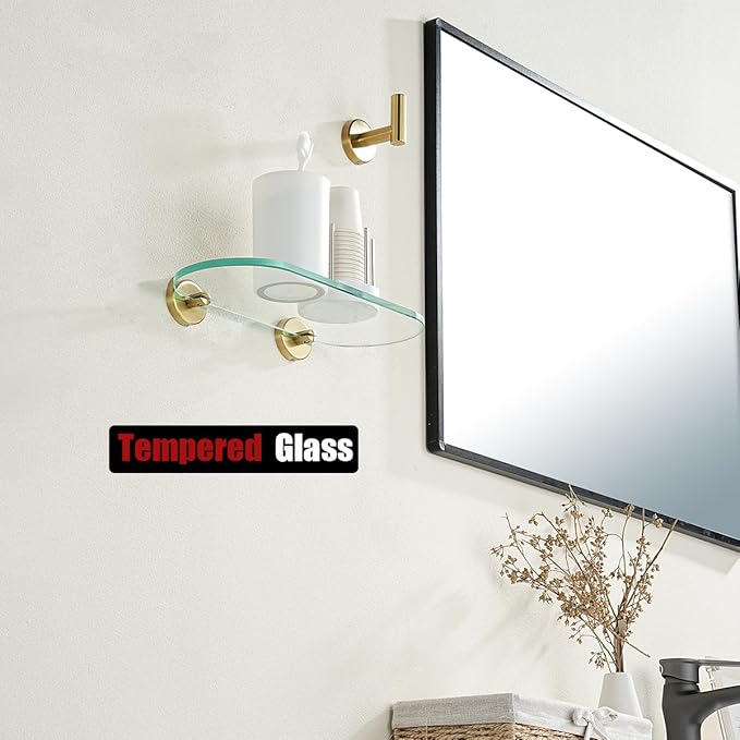 JQK Bathroom Glass Shelf Gold, Tempered Glass Shower Storage 12 by 5 inches, 304 Stainless Steel Brushed Gold Wall Mount, TGS121L12-BG