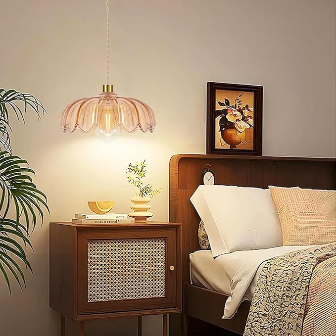 Plug in Pendant Light Hanging Lights with Plug in Cord Mid Century Modern Gold Hanging Lamp Glass Vintage Dimmable Flower Chandelier Ceiling Fixture for Living Room,Kitchen,Boho
