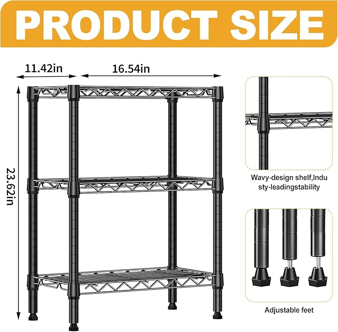 Heavy Duty Stainless Steel Kitchen Storage Rack, Adjustable Shelf Organizer with Non-Slip Mats, Black, for Cabinets, Countertops, Pantries (3-Tier Rack)