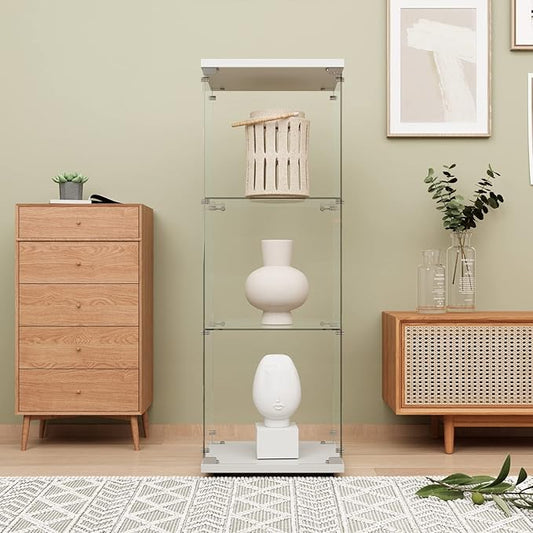 LFT HUIMEI2Y Glass Display Cabinet 3-Shelf with Door and Lock, Curio Cabinets Upgraded Quick-Install Style Tempered Glass Floor Standing Bookshelf for Bedroom, Living Room 49”x 17”x 14” White