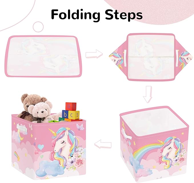 Clastyle Pink Unicorn Rainbow Kid Storage Basket Set Foldable Closet Clothes Organizer Nursery Toddler Toy Bin Girl Book Shelf Basket, Cloud, 11.8x11.8x11.8 in