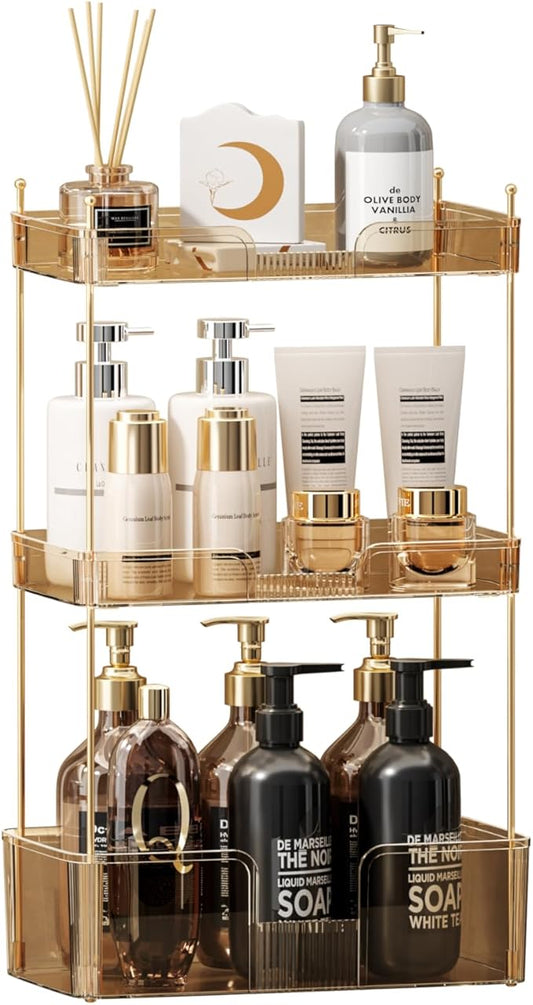3 Tier Bathroom Organizer Countertop Makeup Perfume Tray Skincare Organizer for Bathroom Dresser Vanity (Gold)