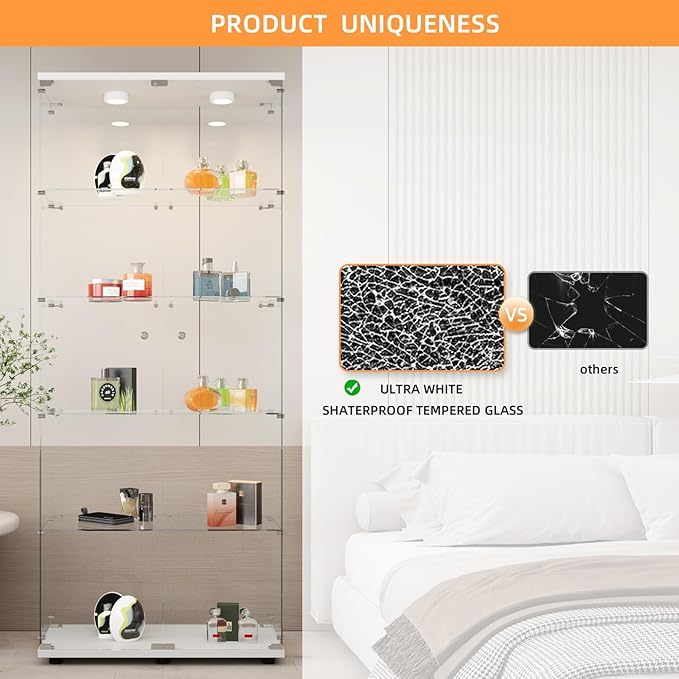 LFT HUIMEI2Y Glass Display Cabinet 5-Shelf with LED Lights and Lock, 2 Door Curio Cabinets Upgraded Quick-Install Style Tempered Glass Floor Standing Bookshelf for Living Room, Bedroom, Kitchen White